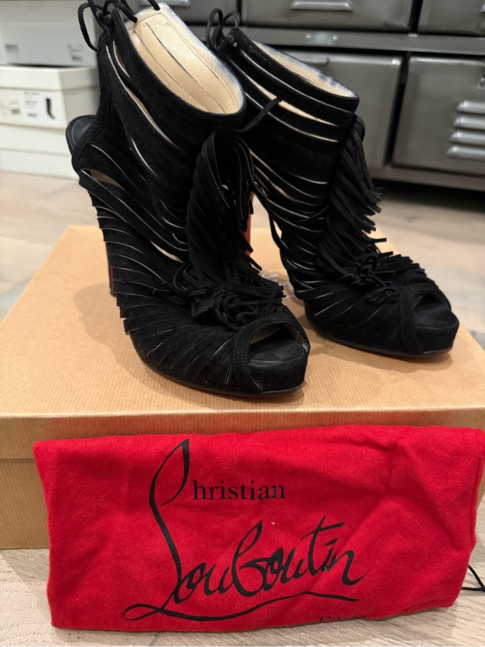 Christian Louboutin Black Suede Fringe Peep-Toe Heels